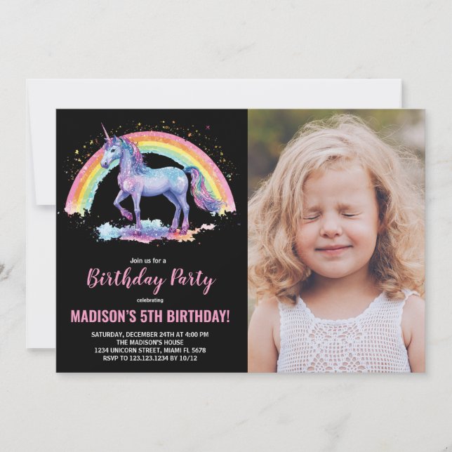 Rainbow Unicorn - Convites de Aniversário com foto (Frente)