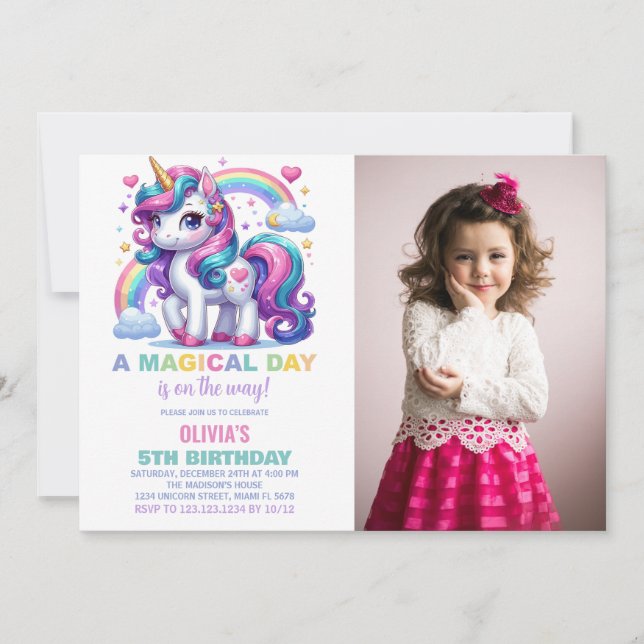 Rainbow Unicorn - Convites de Aniversário com foto (Frente)