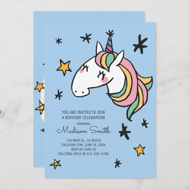 Rainbow Unicorn Stars Apresente Convite Aniversári (Frente/Verso)