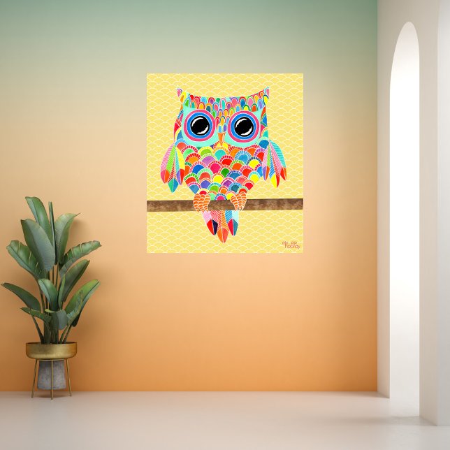 Rainbow Wall Art Girls Room Poster (Pip Pip Hooray Rainbow Owl Art Illustration on Poster Print, shown as example on a room wall)