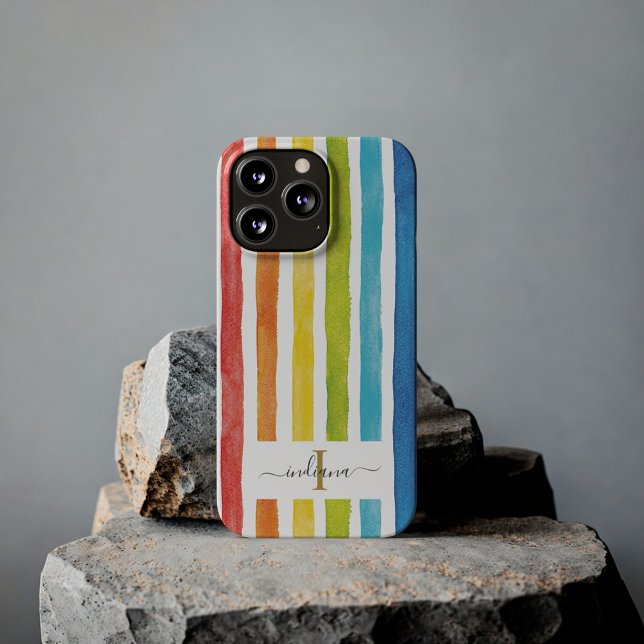 Rainbow Watercolor Strike Monograma Colorido Nome (Rainbow Watercolor Stripes LGBTQ Monogram Script Personalized Phone Case)