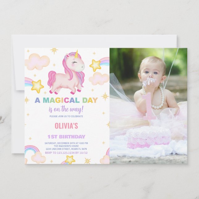 Rainbows Unicorn Convites de Aniversário com Foto (Frente)