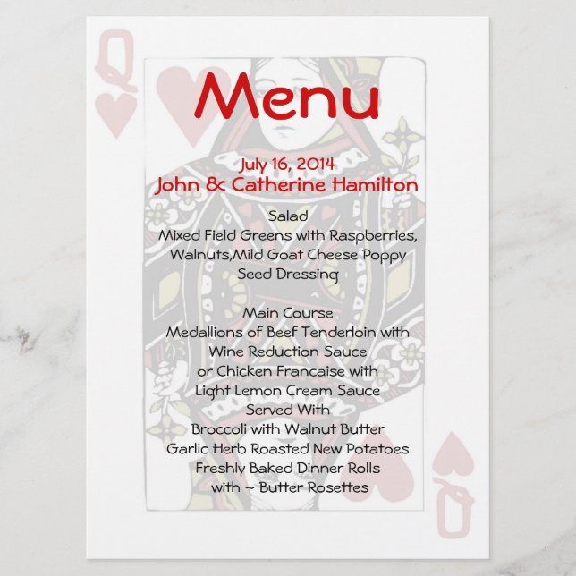Rainha do menu feito sob encomenda do casamento (Frente)