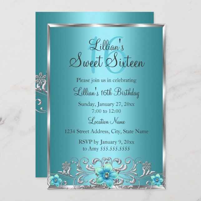 Raio Floral de Prata Azul Teal Doce 16 Convite (Frente/Verso)