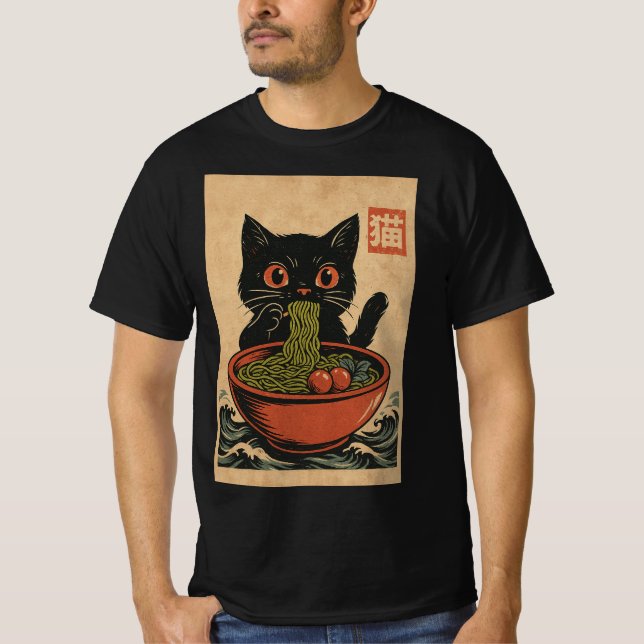 Ramen Noodle Eating: Cat Mens T-Shirt (Frente)