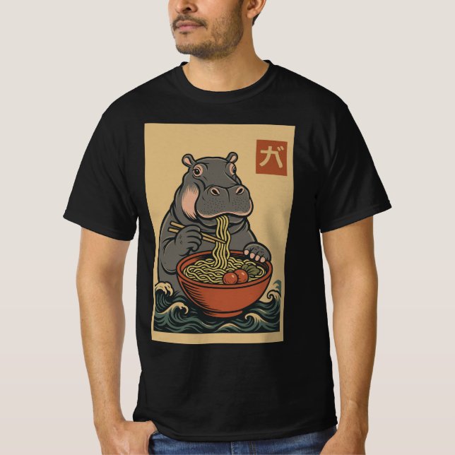 Ramen Noodle Eating: Hippo Mens T-Shirt (Frente)