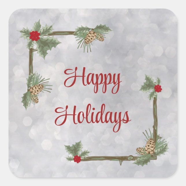 Ramificações de pinheiro e adesivos Holly Square (Frente)