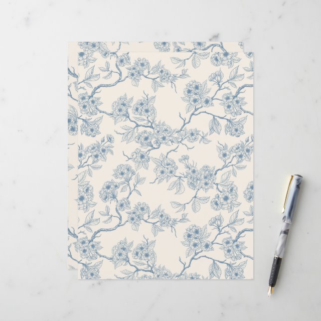 Ramos de flores de cerejeira em azul e branco esma (Frente/Verso In Situ)