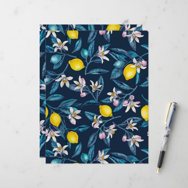 Ramos de limão com flores e fruta em azul (Frente/Verso In Situ)
