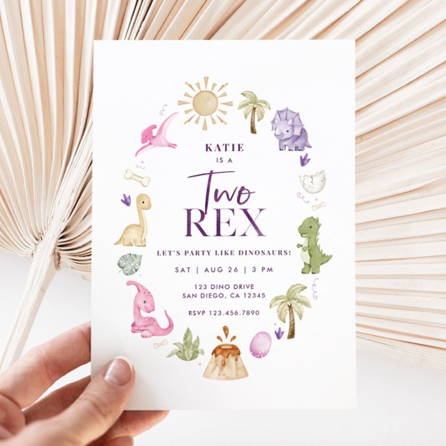 Rapariga 2 Rex Convite para segundo aniversário Di (Girl Dino 2nd Birthday Invitation)