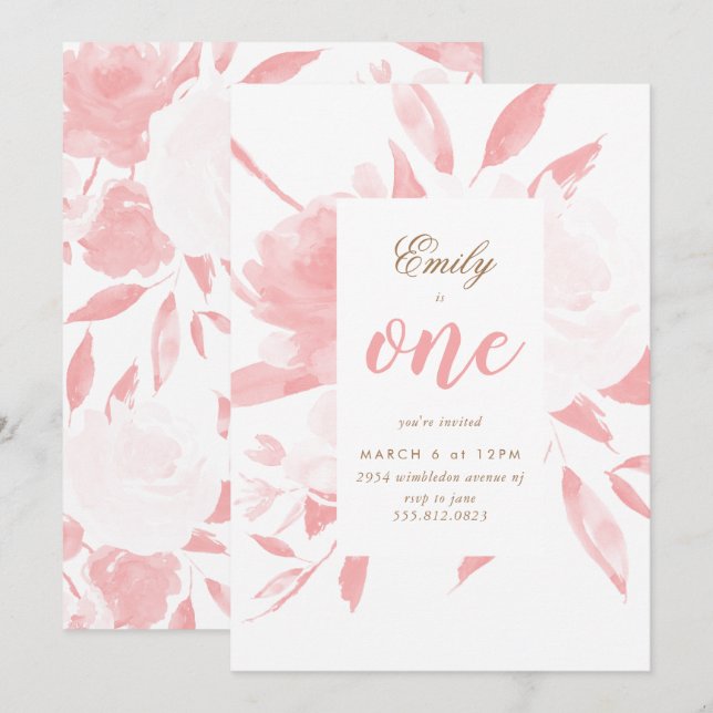 Rapariga Aquarela Rosa Primeiro Convite de Anivers (Frente/Verso)