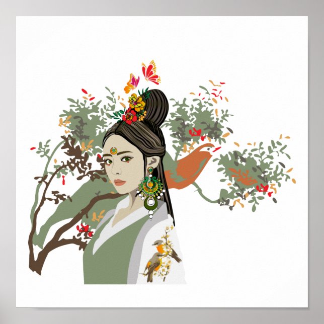 Rapariga Asiática Retrato Tropical Poster (Frente)