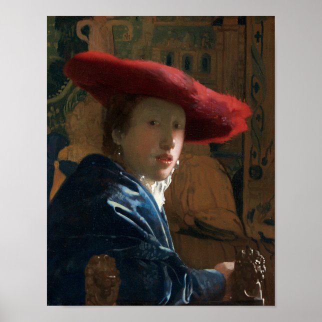 Rapariga com chapéu vermelho por Vermeer - Poster (Frente)