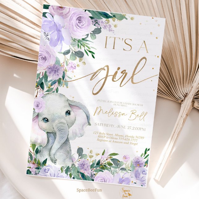 Rapariga de Convite a Chás de fraldas Elefantes, S (Elephant invites,Baby Shower,Invitation Girl,Safari Purple,Blush Elephant,safari Invite,EDITABLE Saf)