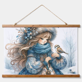 Rapariga de inverno com pássaro na Casaco azul