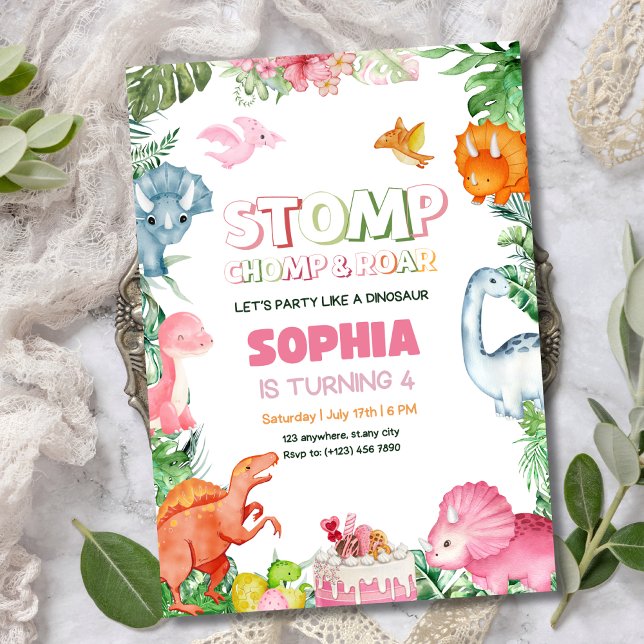 Rapariga Dinossauro Convite de Aniversário Dinossa (Criador carregado)