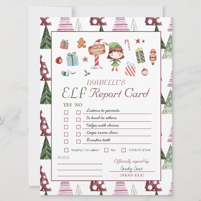 Rapariga Elf | Kids Christmas Elf Report Card (Frente)