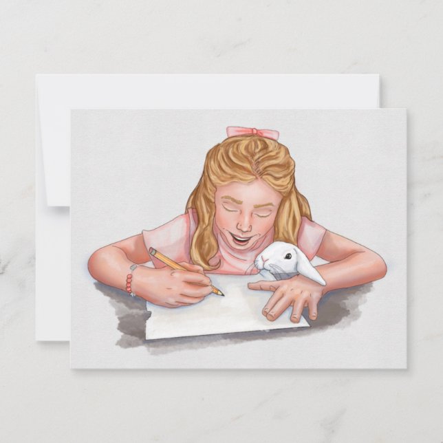 Rapariga escrevendo com coelho de estimação comend (Frente)