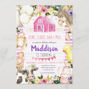 Rapariga Fazenda Aniversário Convite rosa e roxo
