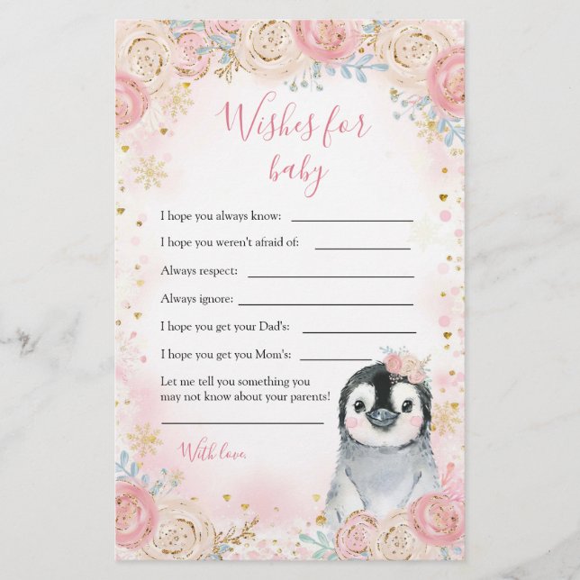 Rapariga Pinguim Inverno Floco de Neve Deseja Bebê (Frente)