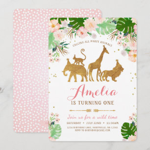 Rapariga Safari Rosa Dourado Convite de Aniversári