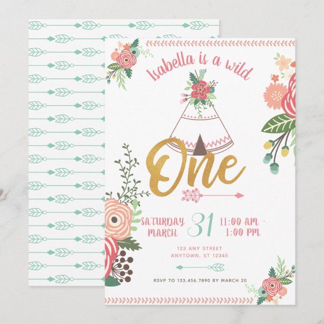 Rapariga Wild One Boho Tribal Primeiro Convite de  (Frente/Verso)