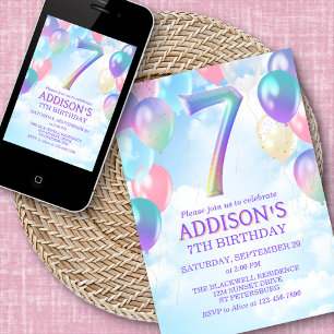 Raparigas 7 Birthday Rainbow Balloons Convite
