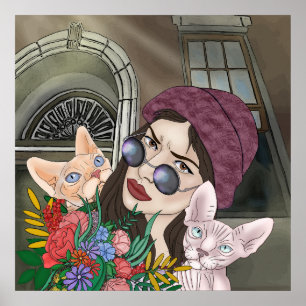 Raparigas com Impressão de gatos, Papel Poster de