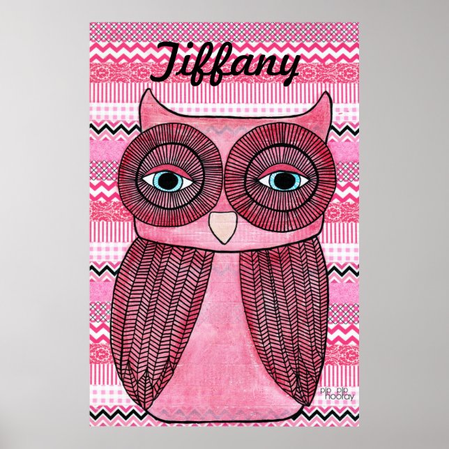 Raparigas Rosa Sala Chevron Stripes Owl Poster (Frente)