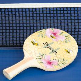 Raquete De Ping Pong Abelhas Amarelo penteado flores cor-de-rosa floral