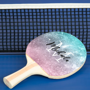 Raquete De Ping Pong Abstrato Monograma de galáxia verde-rosa-rosa