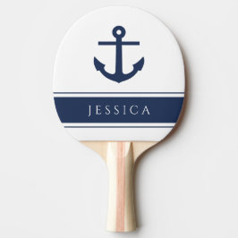 Raquete De Ping Pong Âncora Náutica Moderna Nome Personalizado Azul Mar