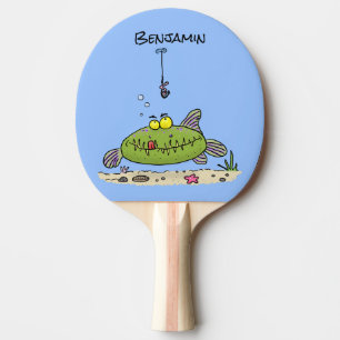 Raquete De Ping Pong Animação de peixe verde esfomeado e gordo