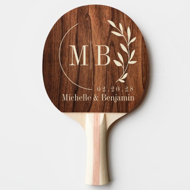 Raquete De Ping Pong Antique Cherry Wood Leaf Wedding Monogram (Verso)