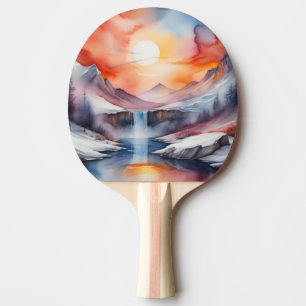 Raquete De Ping Pong Aquarela das montanhas cobertas de neve sob o sol