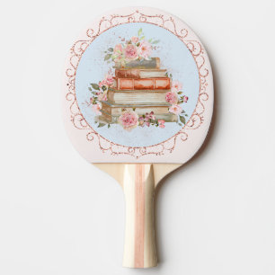 Raquete De Ping Pong Aquarela Rosas Cor-de-Rosa e Livros Floral