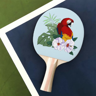 Raquete De Ping Pong Arara Vermelha Papagaio Tropical Hibisco Branco Fl