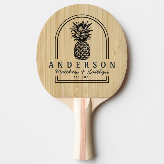 Raquete De Ping Pong Arco de Noiva de Bambu Claro com Abacaxi e Nome (Frente)
