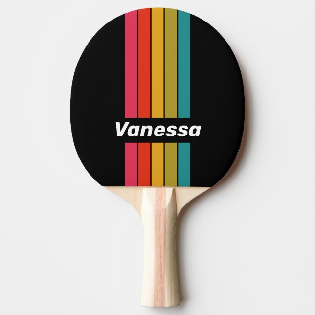 Raquete De Ping Pong Arco-íris Retro à Meia-noite com Faixas e Nome (Frente)