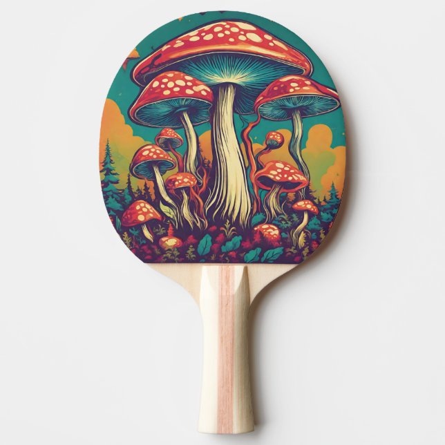 Raquete De Ping Pong Arte AI Retro Psicodélica Mushroom (Frente)