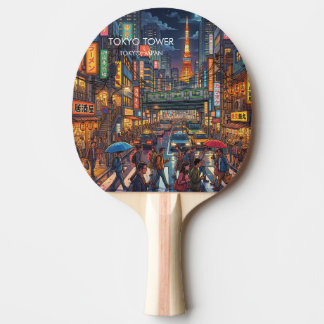 Raquete De Ping Pong Arte de Viagem da Torre de Tóquio à Noite