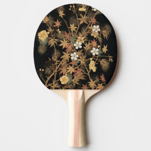 Raquete De Ping Pong Arte Floral Outonal em Preto Dourado Japonês Vinta