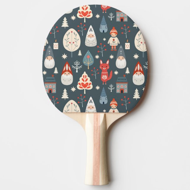 Raquete De Ping Pong Arte popular escandinava com gnomos de Natal (Frente)
