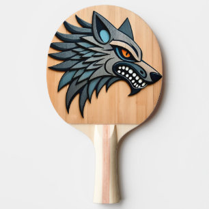Raquete De Ping Pong Arte Tribal Estilizada de Lobo com Olhos Laranja