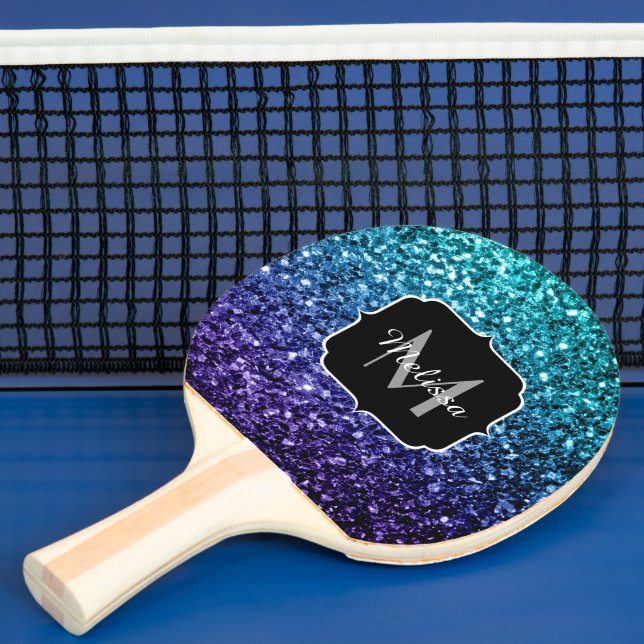 Raquete De Ping Pong Azul Aqua Ombre faux glitter farelos Monograma (Insitu)