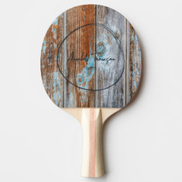 Raquete De Ping Pong Azul Desbotado Lavado Madeira Nome em Círculo Dese