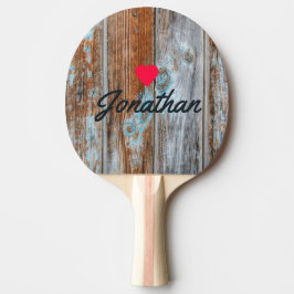 Raquete De Ping Pong Azul Desbotado Madeira Antigo Coração Assinatura