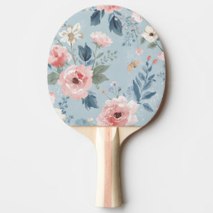 Raquete De Ping Pong Azul Empoeirado Flores Aguarela Jardim Flores Rosa