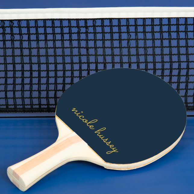 Raquete De Ping Pong Azul Marinho Dourado Script | Monograma Moderno El (Insitu)
