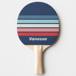 Raquete De Ping Pong Azul Náutico Vintage com Listras e Nome